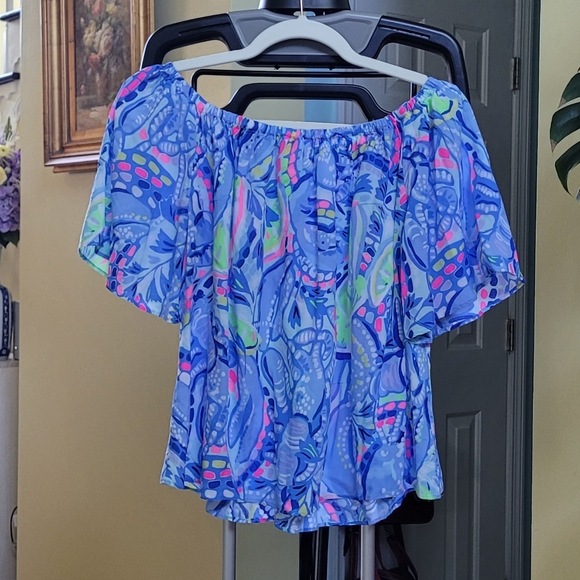 Lilly Pulitzer Sain Blue Peri in “Pinch Pinch” Print Off The Shoulder Top Sz S - Picture 7 of 12